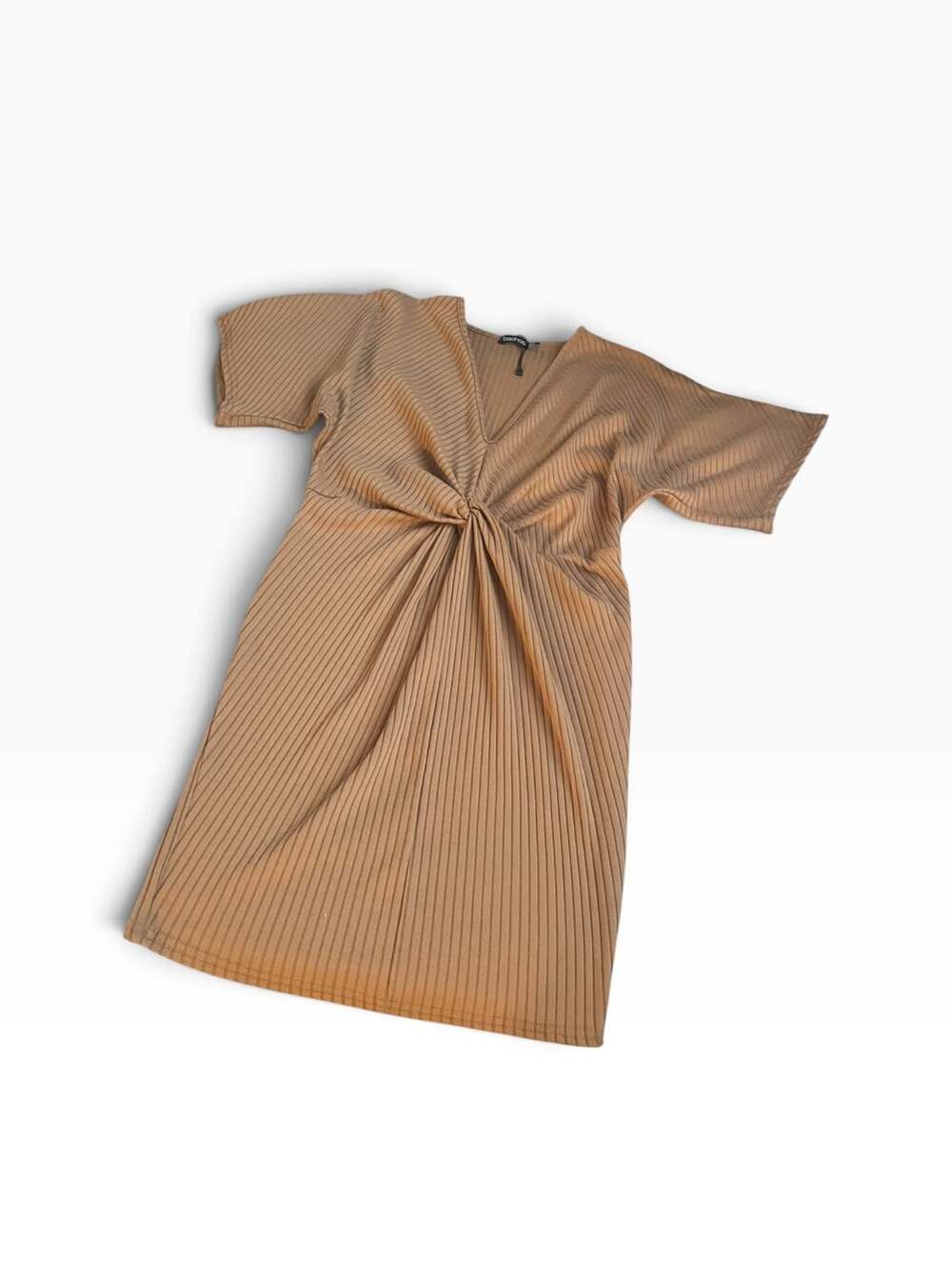 Boohoo Front Knot Pleated Dress Size US 4 Brown V-Neck Short Sleeve Midi